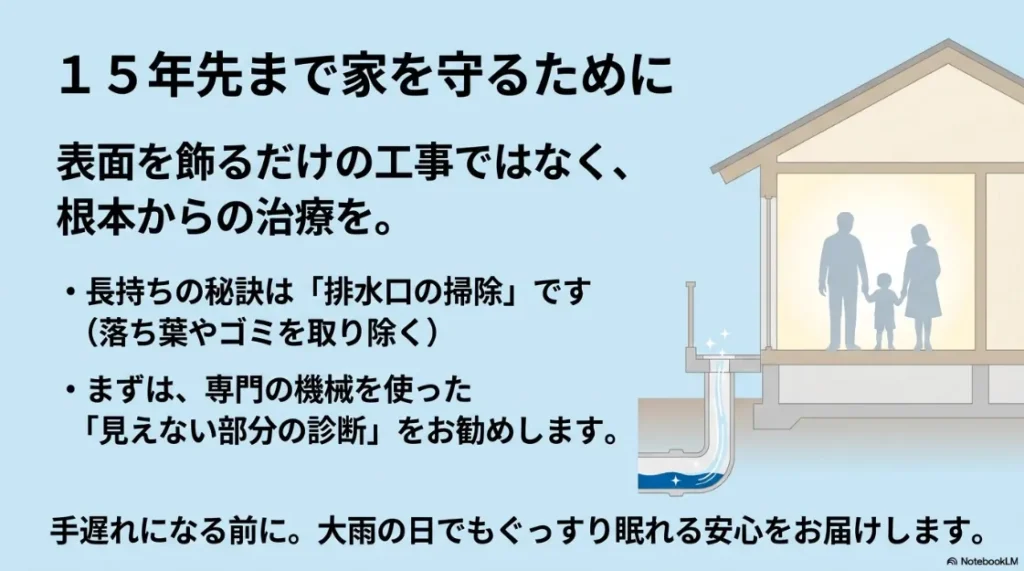 家族が安心して暮らす家を守るために、根本的な防水修理と排水口掃除の大切さを伝えるイメージイラスト。