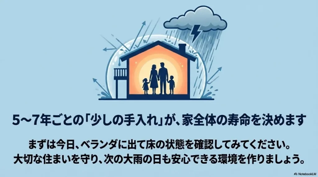 家全体の寿命を決める5〜7年ごとの手入れ。ベランダの状態を確認して大切な住まいを守る