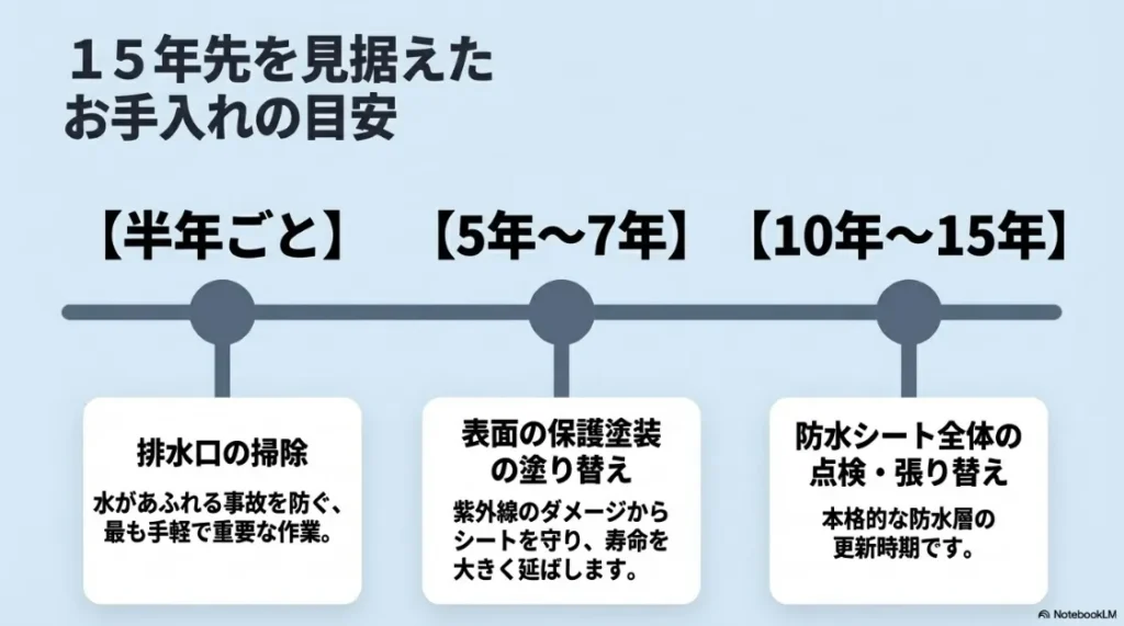 15年先を見据えたお手入れの目安。半年ごとの掃除、5〜7年ごとの保護塗装、10〜15年ごとの張り替え周期。
