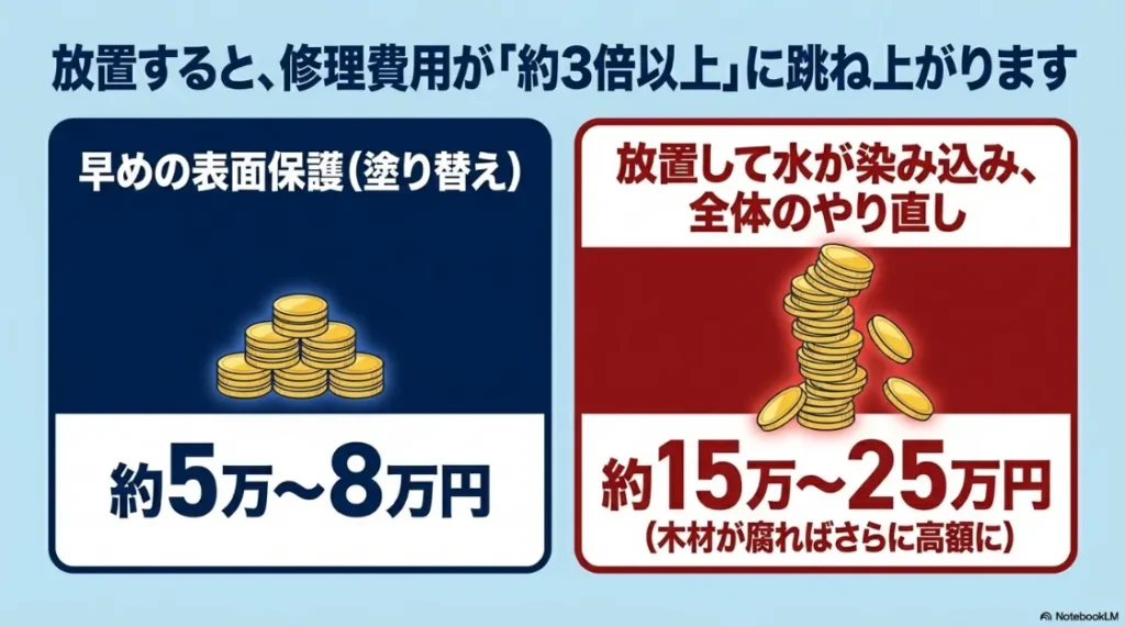 メンテナンス費用の比較。早めの塗り替え（5〜8万円）と放置後の全体やり直し（15〜25万円）の差