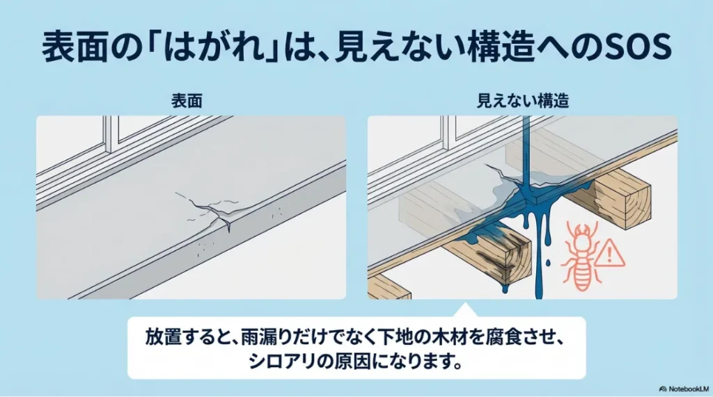 ベランダ表面のひび割れから雨水が侵入し、下地の木材を腐食させシロアリの原因になる仕組みを説明するイラスト。