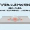 ベランダの防水層にできた膨れを「建物からの緊急信号」として警告するイメージ画像。