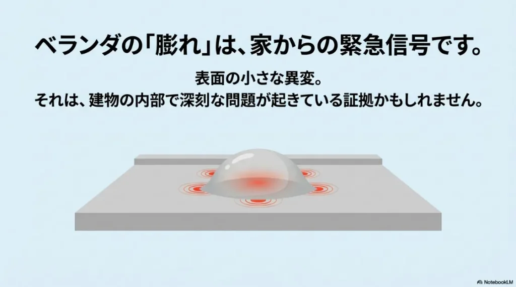 ベランダの防水層にできた膨れを「建物からの緊急信号」として警告するイメージ画像。