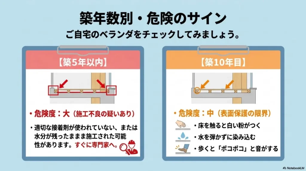 築5年以内（施工不良の疑い）と築10年目（メンテナンス時期）のチェックポイントをまとめた危険度診断表。