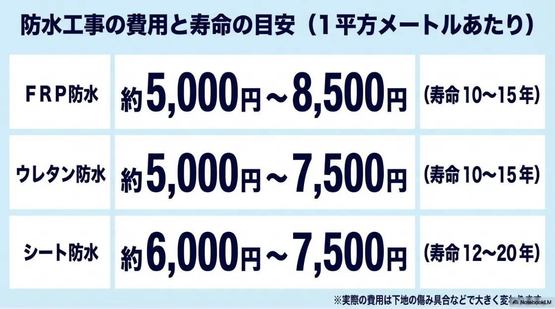 FRP防水、ウレタン防水、シート防水の1平方メートルあたりの費用相場と寿命（10〜20年）をまとめた比較表。