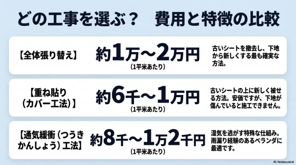 張り替え、重ね貼り（カバー工法）、通気緩衝工法の1平米あたりの費用相場と特徴の比較表。