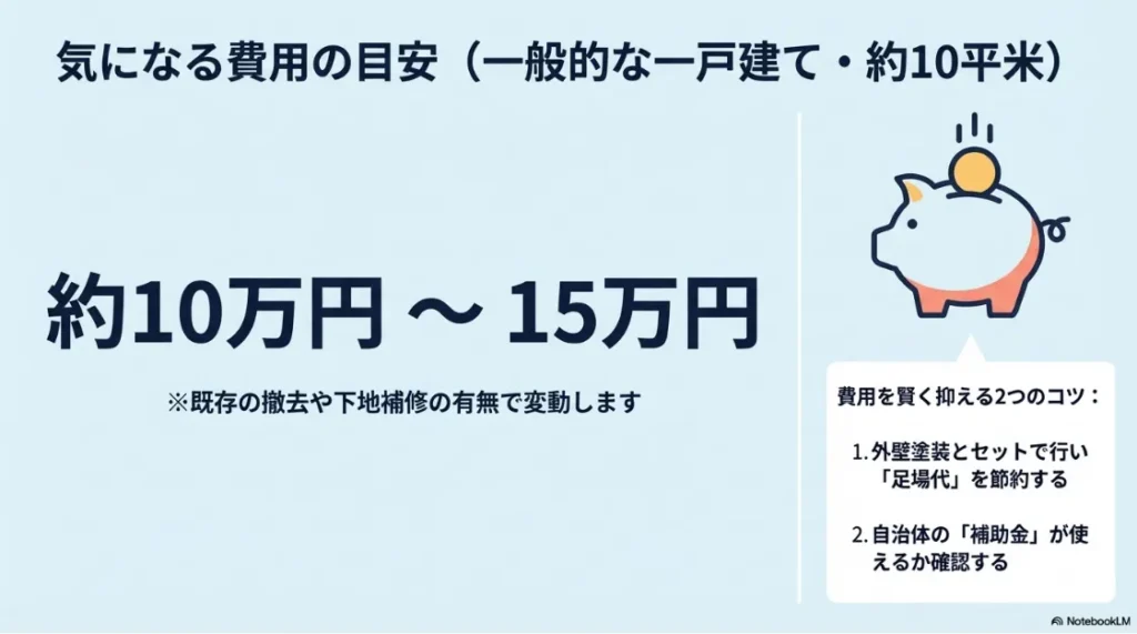 一般的な一戸建て（約10平米）のベランダ防水工事の費用目安（約10万〜15万円）と、足場代を節約するコツ、補助金の活用についてのまとめ。