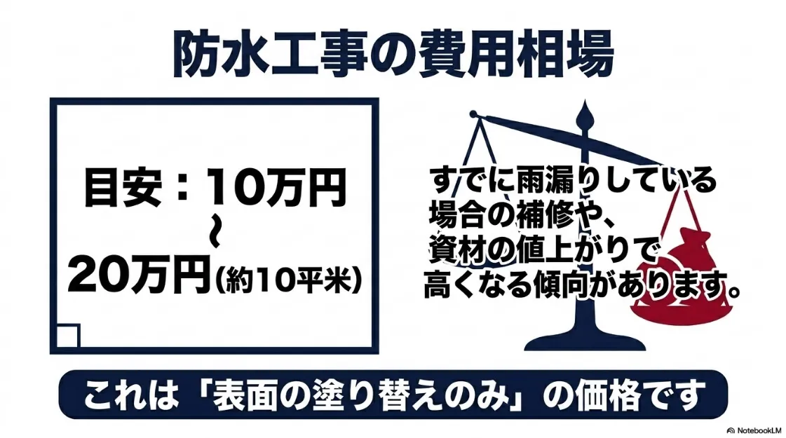 約10平米のベランダ防水の費用相場が10万円〜20万円であることを示し、雨漏りや資材高騰によって変動する可能性があることを説明する資料。