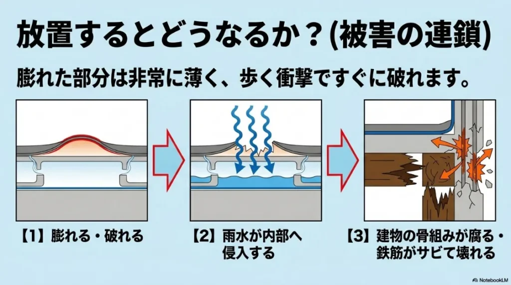 防水層の膨れを放置することで、雨水が侵入し、建物の骨組みが腐食や鉄筋のサビにつながる被害の連鎖を示すイラスト。