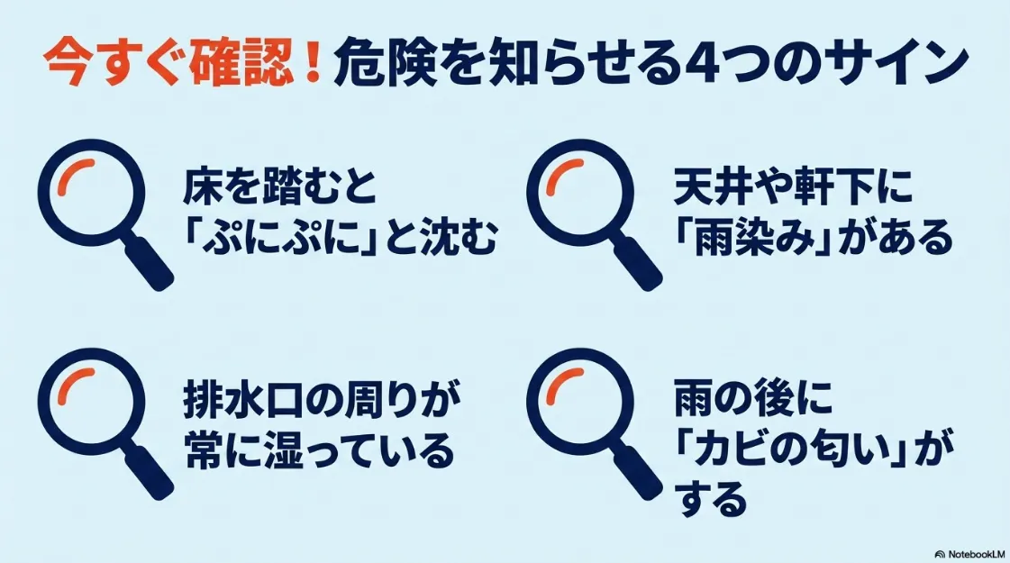 今すぐ確認すべき4つの危険サイン（床の沈み、排水口の湿り、天井の雨染み、カビの匂い）をイラストと共に紹介するスライド。