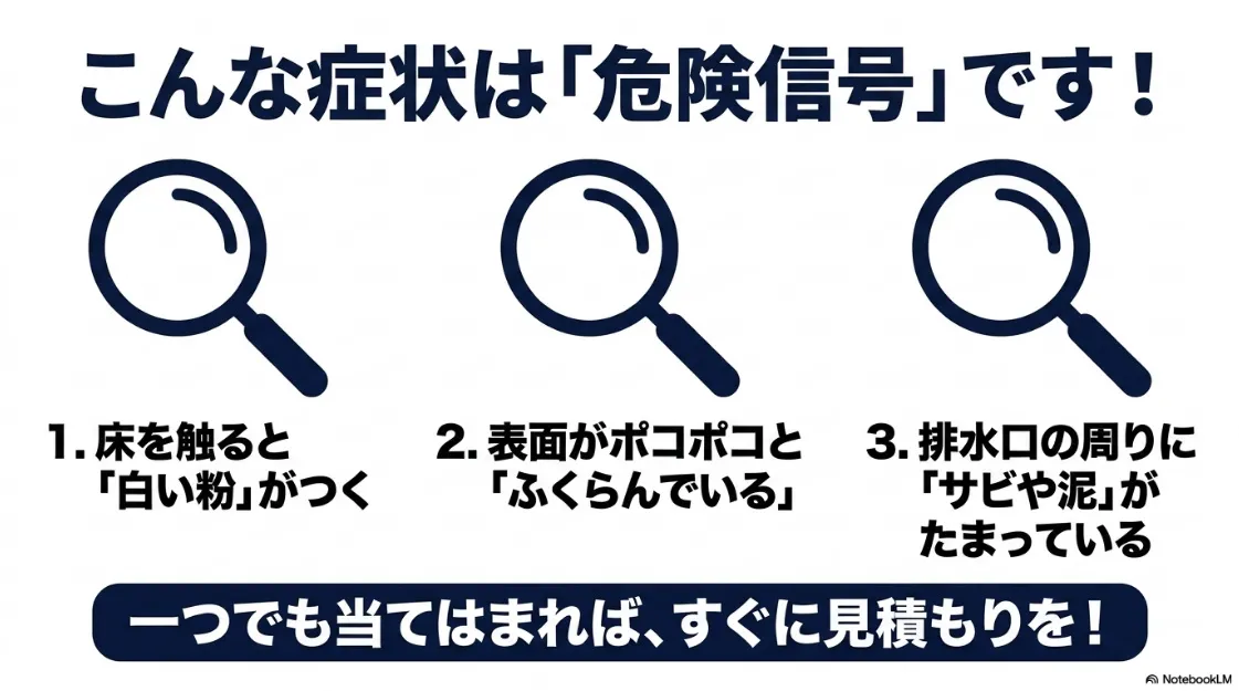 触ると白い粉がつく、表面が膨らんでいる、排水口にサビや泥が溜まっているなど、ベランダの防水が危険信号であることを示す3つの症状。