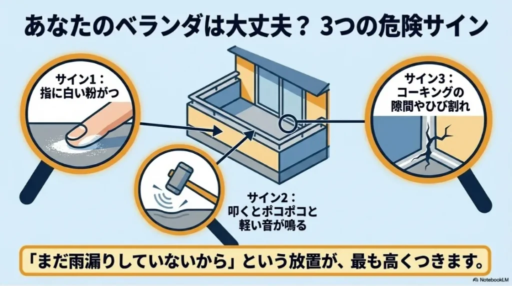ベランダ防水の3つの危険サイン。チョーキング現象、浮きによる異音、コーキングのひび割れの解説。