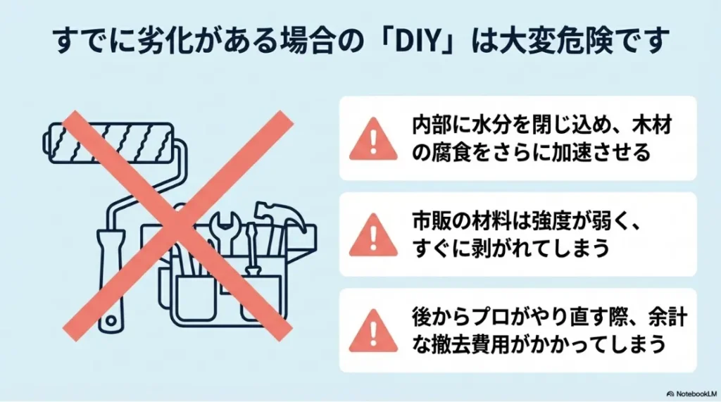 劣化がある場合のDIYが危険な理由。水分を閉じ込めて腐食を加速させるリスクや、材料の強度不足、将来的な余計な撤去費用について。