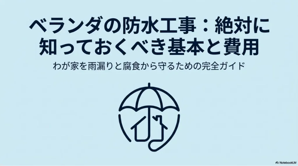 ベランダの防水工事の基本と費用についての解説スライド。わが家を雨漏りと腐食から守るためのガイド。