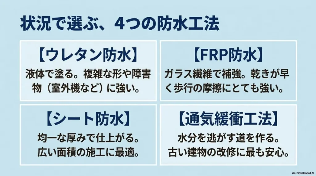 ウレタン防水、FRP防水、シート防水、通気緩衝工法の4つの特徴比較