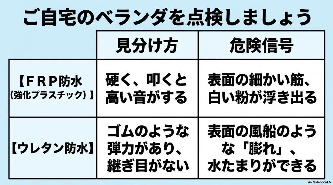 FRP防水とウレタン防水の見分け方と、表面の筋や膨れなどの危険信号をまとめた点検表。