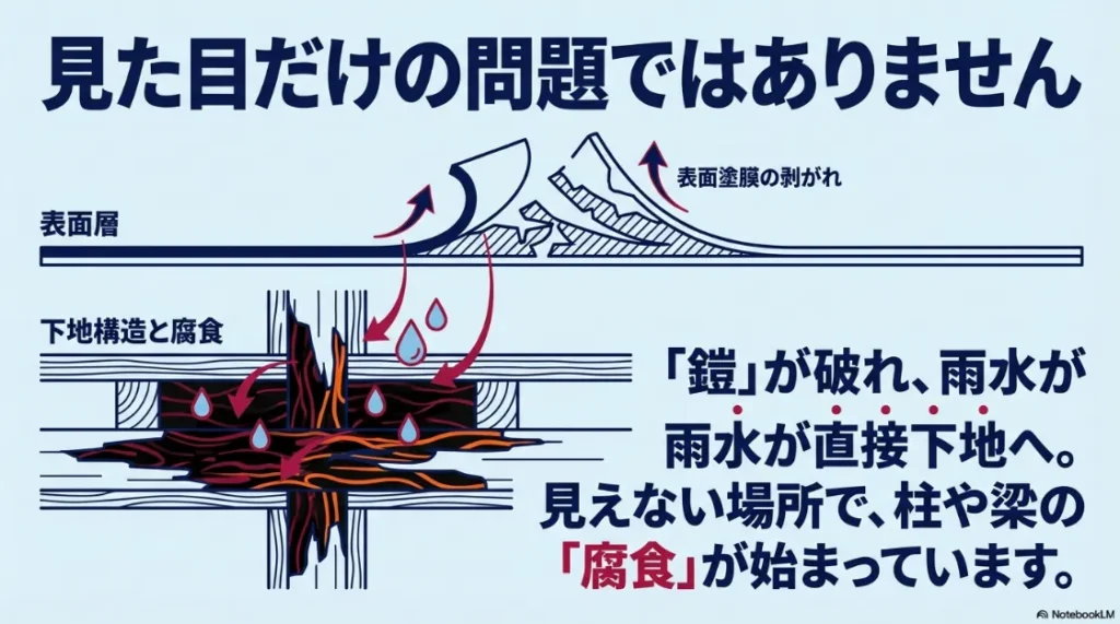 ベランダの表面塗膜が剥がれ、雨水が直接下地に浸入し、見えない場所で柱や梁の腐食が始まる仕組みを図解したスライド。