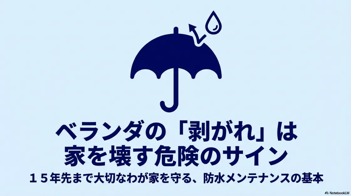 ベランダ防水メンテナンスの重要性を伝えるスライド。傘のアイコンと共に「ベランダの剥がれは家を壊す危険のサイン」と書かれている。