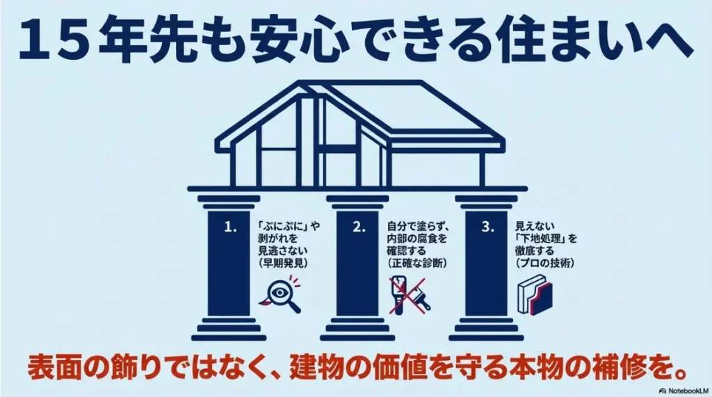 15年先も安心できる住まいのための3つのポイント（早期発見、正確な診断、プロの技術）を整理したまとめのスライド。