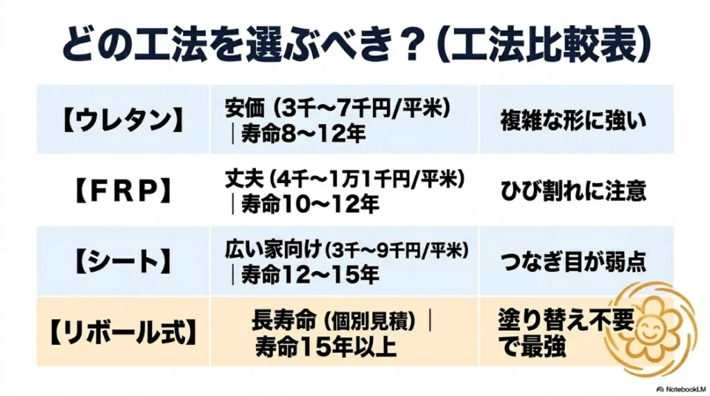 ウレタン、FRP、シート、リボール式の4つの防水工法を、平米単価・寿命・それぞれのメリットと注意点で比較した一覧表。