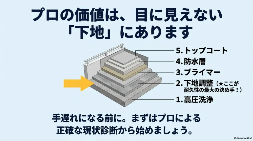 プロが行う防水工事の5ステップ。高圧洗浄、下地調整、プライマー、防水層、トップコートの順序。特に下地調整が耐久性の決め手であることを強調。