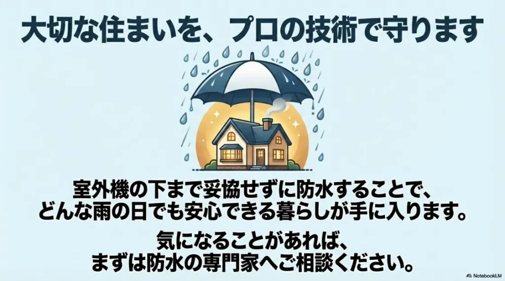 大切な住まいをプロの防水技術で守るイメージ。家が傘（防水）で守られ、雨の日でも安心できる暮らしを表現。