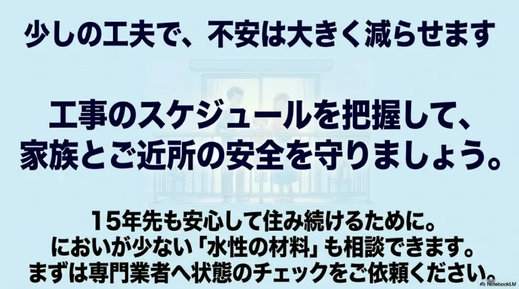 工事スケジュールを把握し、水性材料の相談も可能な専門業者へ依頼することを勧めるまとめスライド
