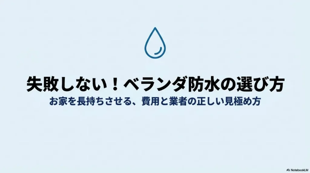「失敗しない！ベランダ防水の選び方」というタイトルと、お家を長持ちさせるための費用と業者の見極め方を解説することを伝えるスライドの表紙。