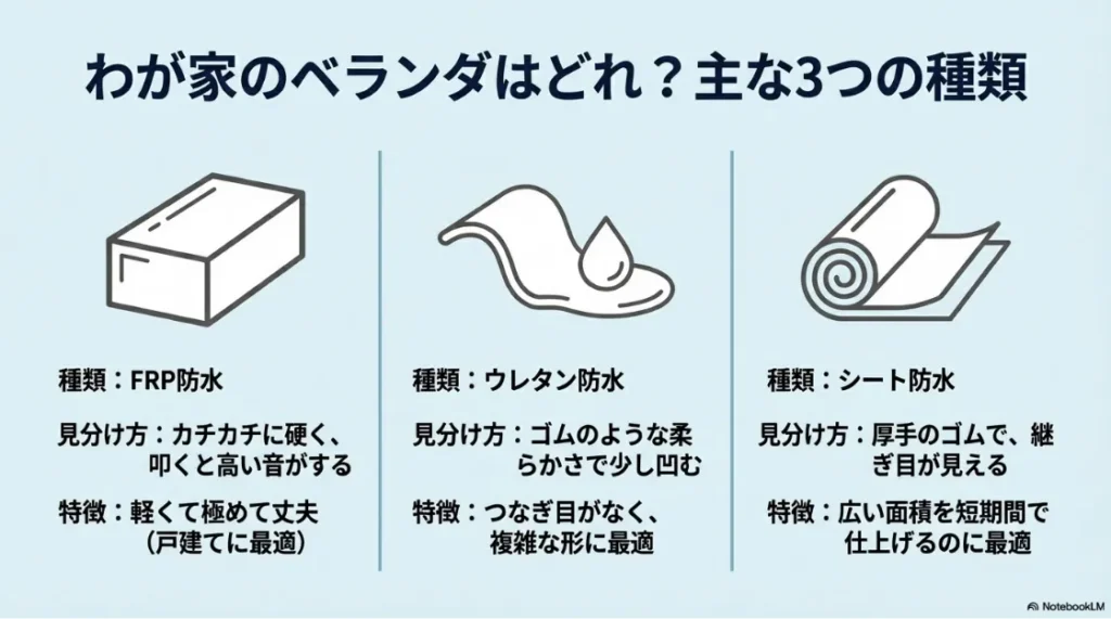 FRP防水、ウレタン防水、シート防水の3種類の見分け方と特徴（硬さ、質感、継ぎ目の有無）を比較した図解。