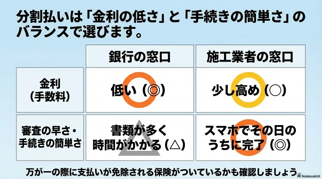 銀行窓口と施工業者窓口のリフォームローンの金利と手続きの簡単さを比較した表