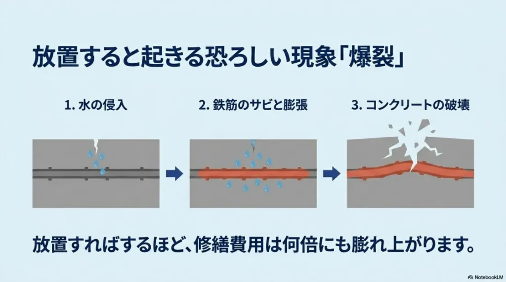 鉄筋のサビと膨張によってコンクリートが破壊される「爆裂」現象のプロセス