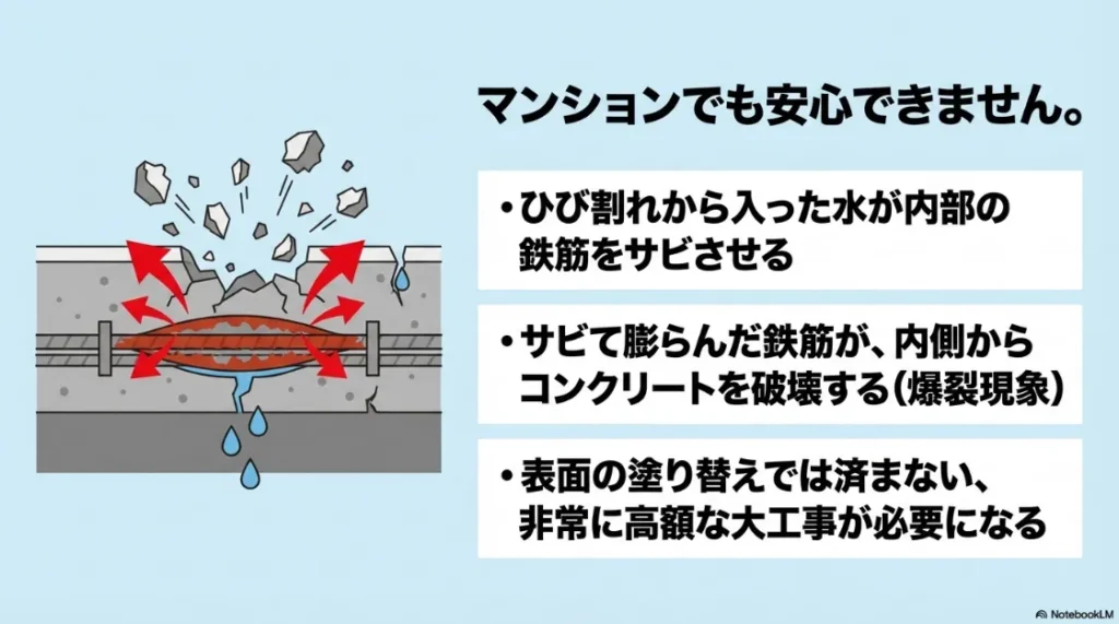 浸入した水で鉄筋が錆びて膨張し、コンクリートを内側から破壊する爆裂現象のイラスト。