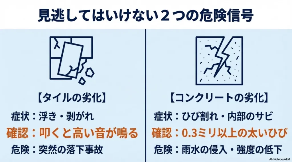 タイルの劣化（浮き・剥がれ）とコンクリートの劣化（ひび割れ・サビ）の2つの危険信号をイラストで解説。打診調査やひび割れ幅の基準も記載。