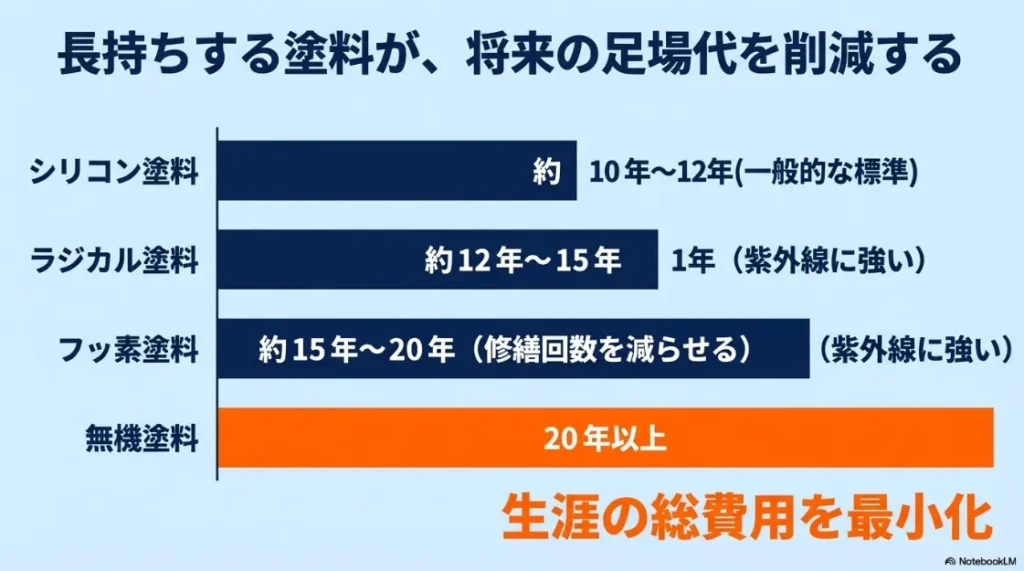 シリコン、ラジカル、フッ素、無機塗料の耐用年数を比較した表。長持ちする塗料を選ぶことで将来の足場代を削減し、生涯コストを最小化する戦略を提示。