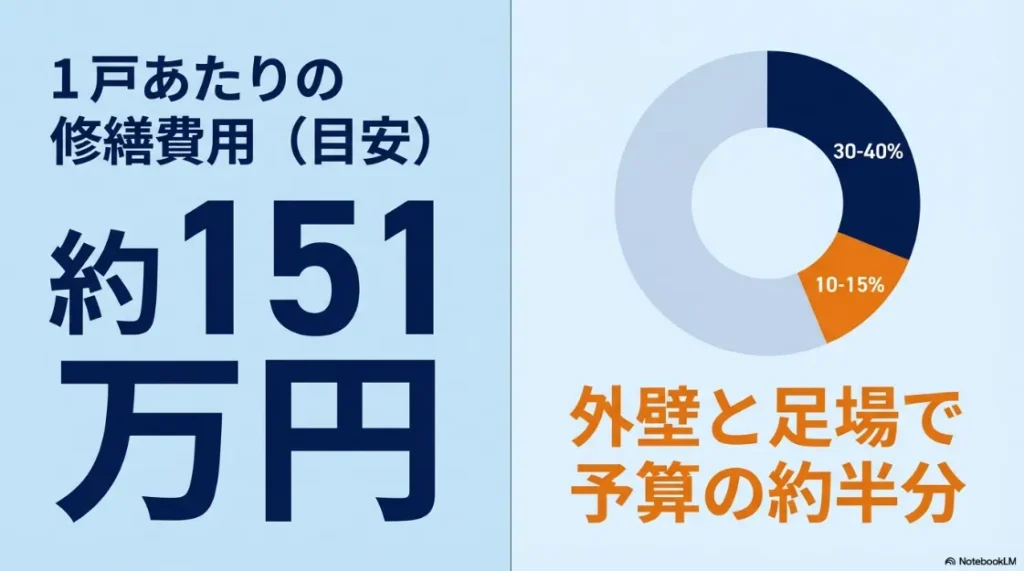 マンション1戸あたりの修繕費用目安が約151万円であることや、外壁と足場代で予算の約半分（30-40%）を占めることを示す統計グラフ。