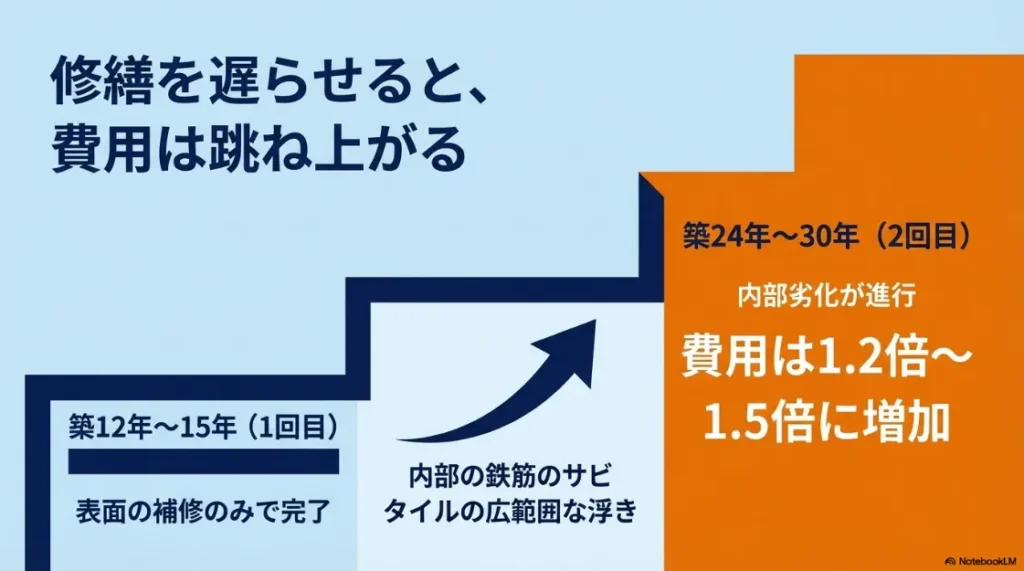 修繕を遅らせると費用が跳ね上がるリスクを説明する図。築12〜15年の1回目と、劣化が進行する築24〜30年の2回目では費用が1.2〜1.5倍に増加することを示している。