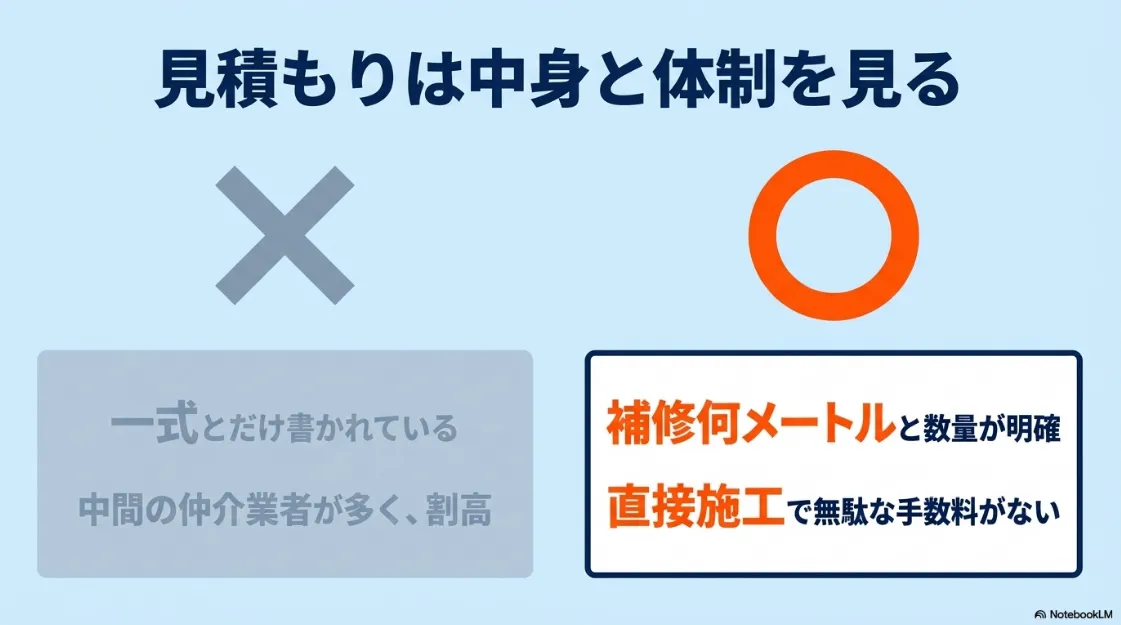 良い見積もりと悪い見積もりの比較。一式表記や仲介業者が多い見積もりは避け、数量が明確で直接施工の業者を選ぶべきであることを示す比較図。