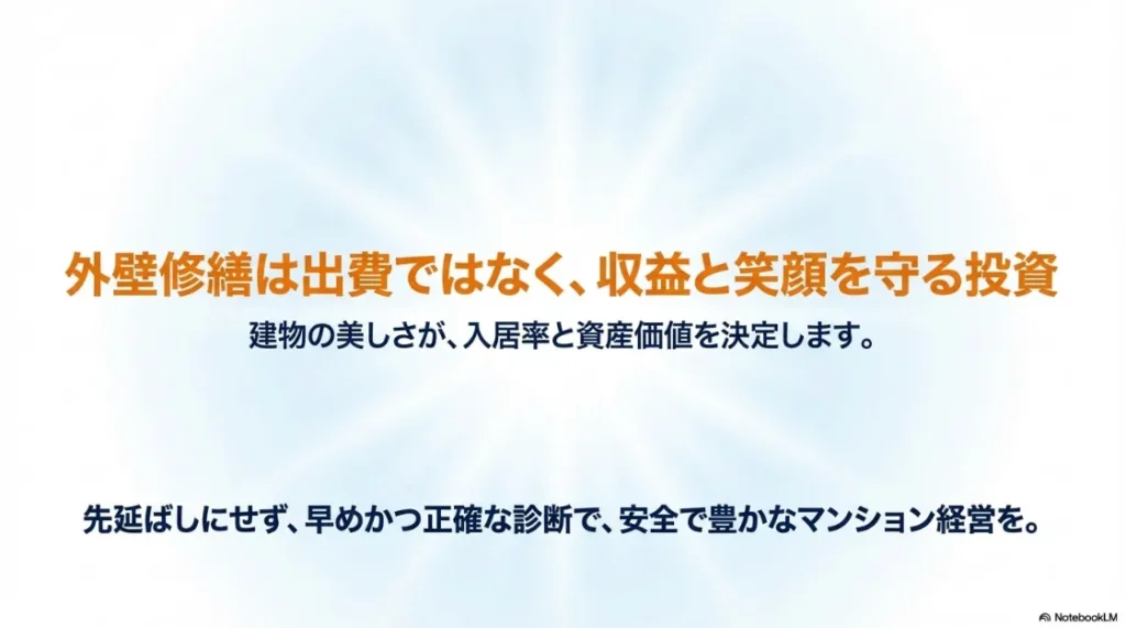 外壁修繕は収益と笑顔を守る投資であるというまとめ。早めの正確な診断で資産価値を維持することを推奨するメッセージ。
