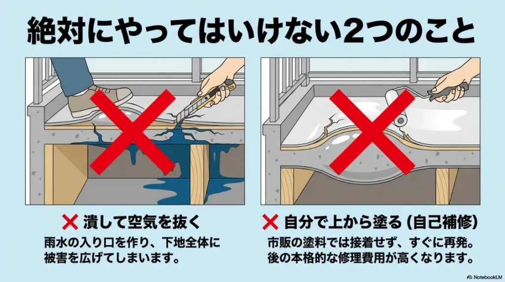 ベランダの膨れを無理やり潰したり、市販の塗料で自己補修したりすることの危険性を警告するバツ印付きの比較画像。