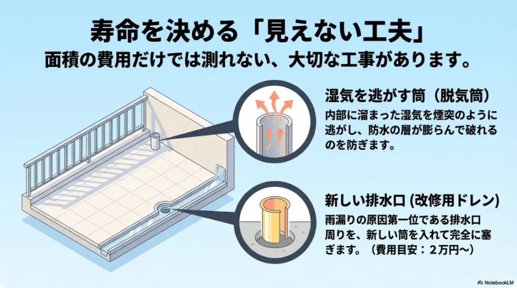 寿命を決める見えない工夫。湿気を逃がす脱気筒と、雨漏り原因1位の排水口を守る改修用ドレンの役割と費用の解説。