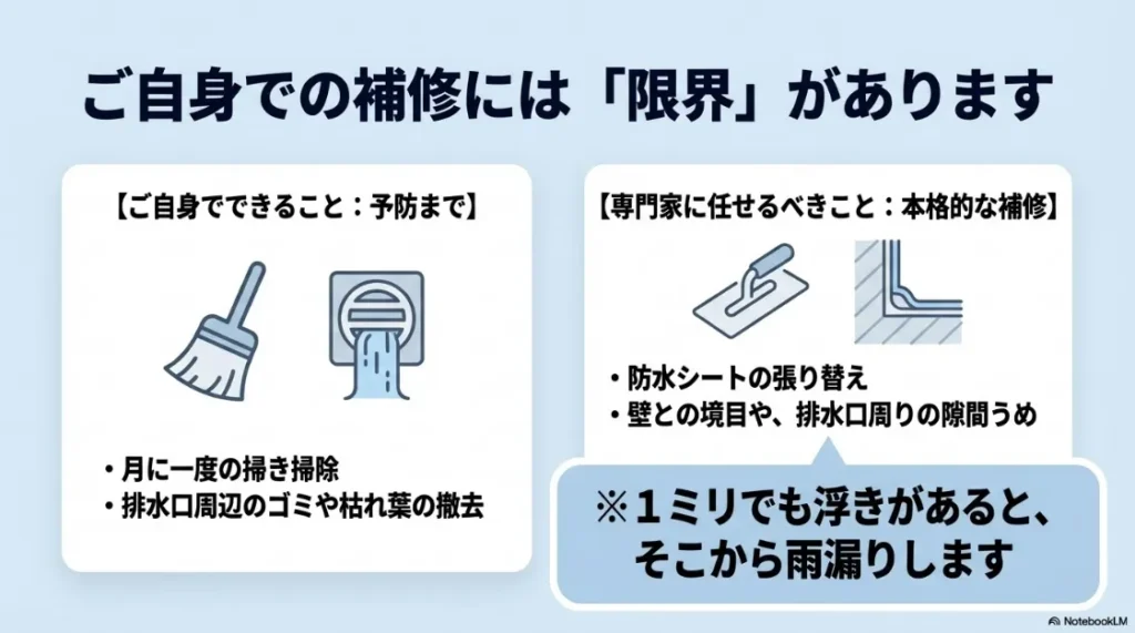 自分でできる予防メンテナンス（掃除・排水口清掃）と専門家に任せるべき本格補修（シート張り替え）の境界線。