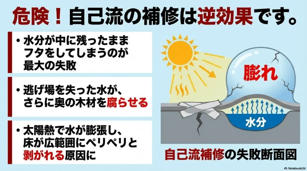 自己流の補修で水分を閉じ込めた結果、太陽熱で水分が膨張して防水層が剥がれる失敗例の断面図。