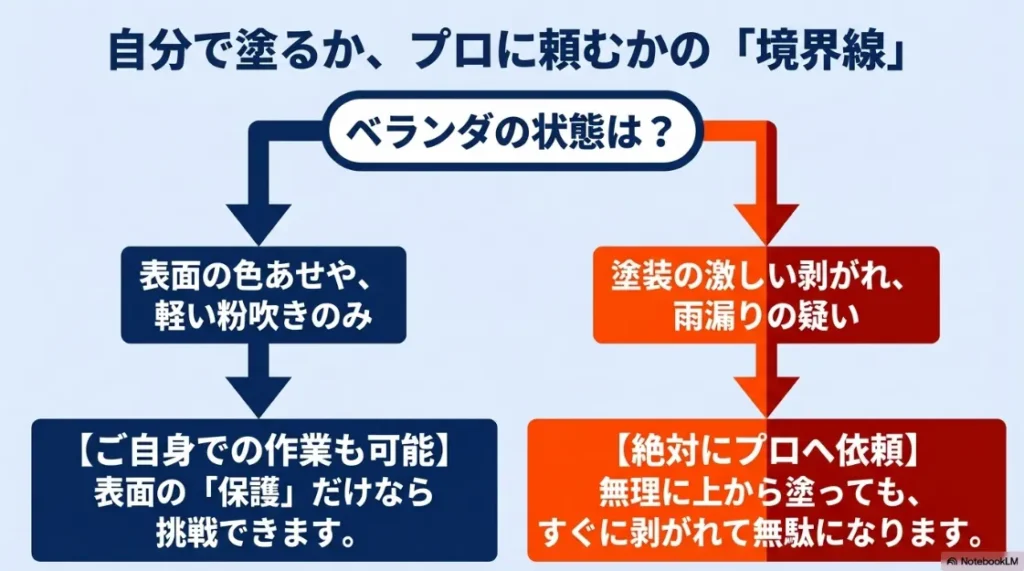 自分で塗るかプロに頼むかの境界線。色あせならDIY可能、激しい剥がれや雨漏りはプロへ依頼