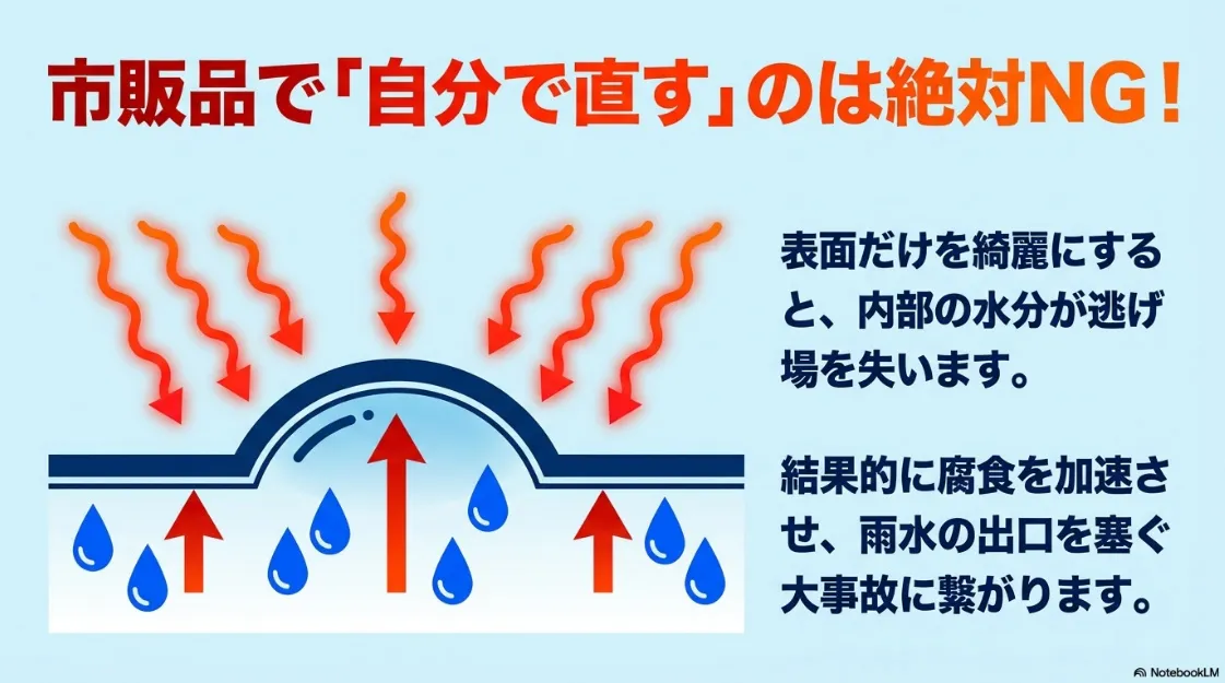 DIYで表面だけを綺麗にすると内部の水分が逃げ場を失い、蒸発する力で防水層を押し上げ、腐食を加速させるリスクを説明する図解。
