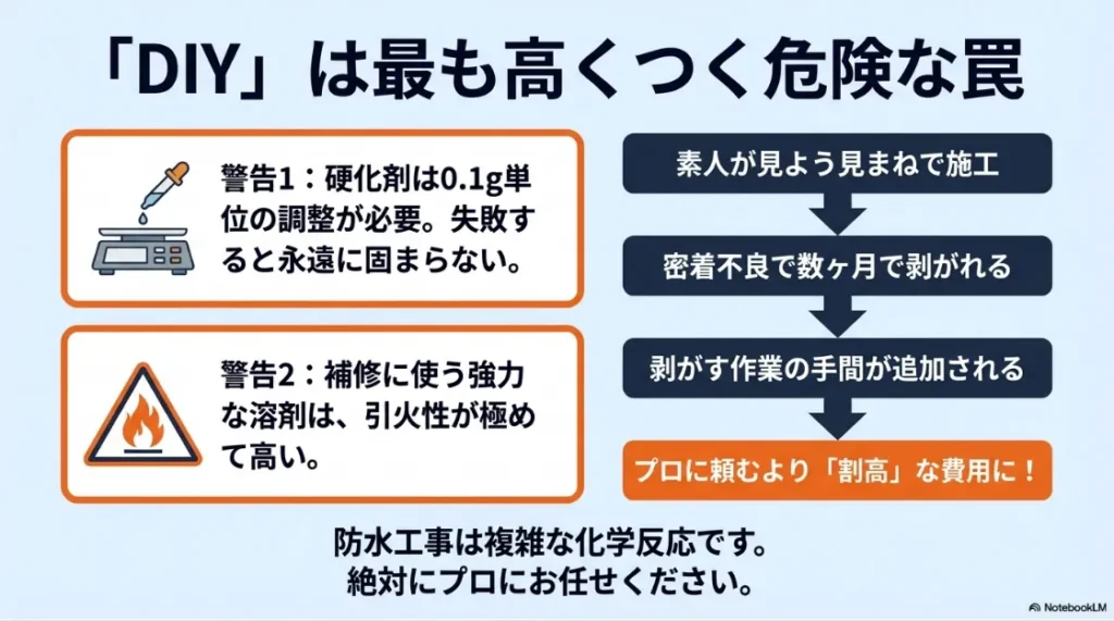 防水工事のDIYリスク。硬化不良や引火性の高い溶剤、密着不良による剥がれなど専門技術の必要性を警告。