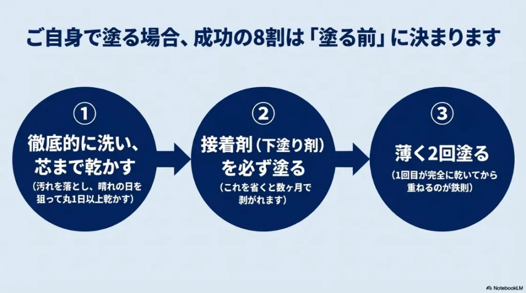 DIYメンテナンス成功の3ステップ。1.徹底洗浄と乾燥、2.下塗り剤の使用、3.薄く2回塗り