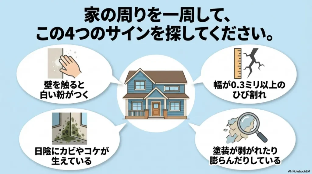 外壁の劣化を確認するための4つのサイン(チョーキング、カビ・コケ、ひび割れ、剥がれ)のチェックポイント