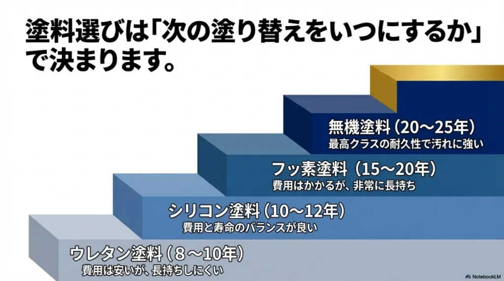 塗料の種類(無機、フッ素、シリコン、ウレタン)ごとの耐用年数と特徴を比較した図解