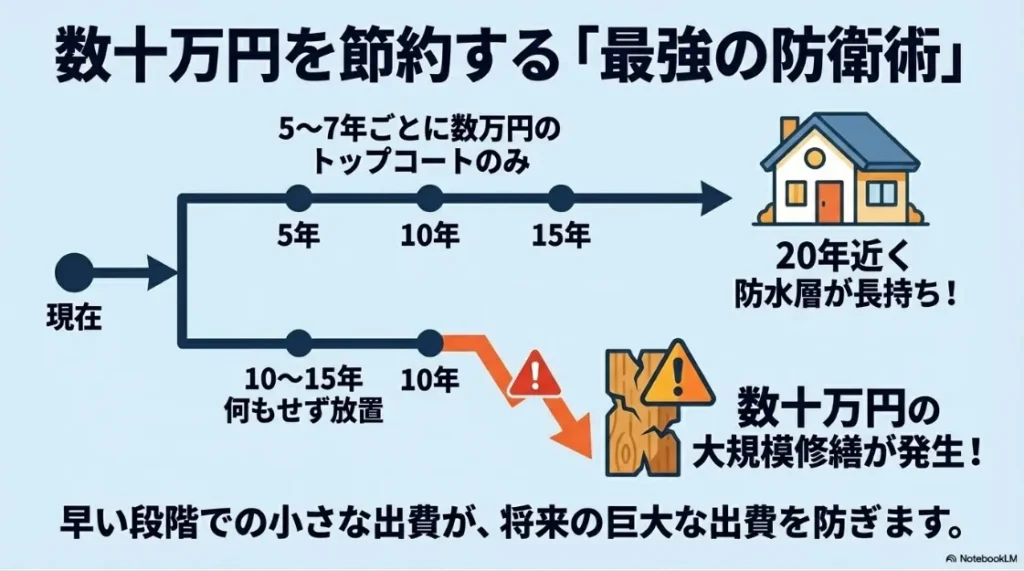 定期的なトップコート塗布と放置した場合の修繕費用比較。5〜7年ごとの手入れで大規模修繕を防ぐ図解。