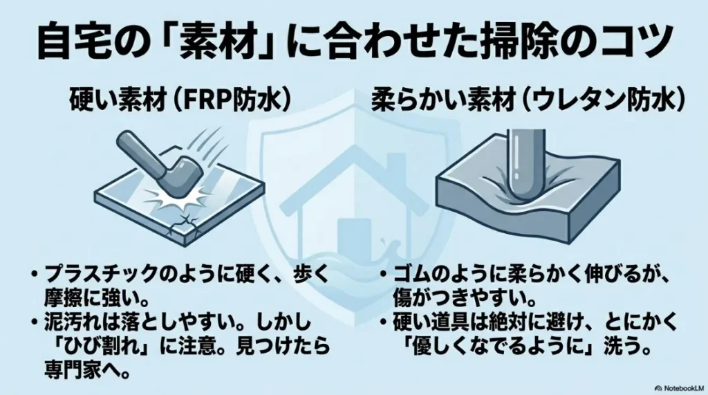 硬いFRP防水と柔らかいウレタン防水、それぞれの素材の特性に合わせた掃除のコツ